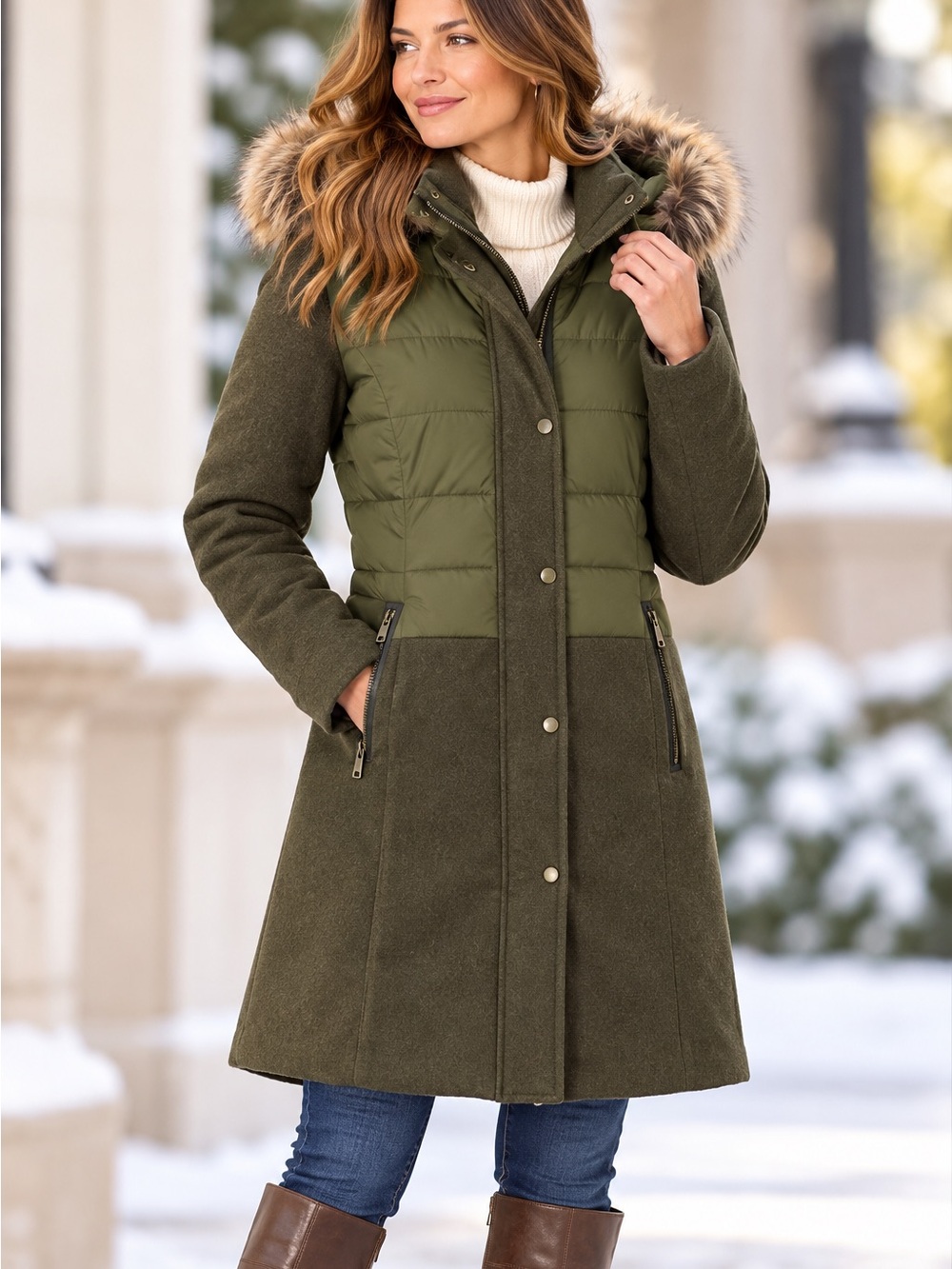 Lands' End Olive Green Mixed-Media Puffer Coat with Faux-Fur Hood